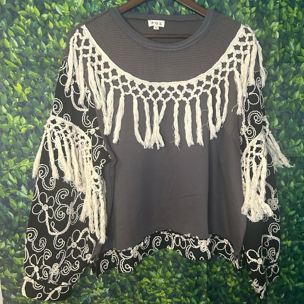POL Black Sweatshirt with White Crochet Fringe